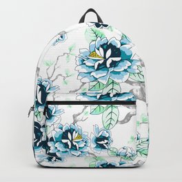 Spring Flowers Pattern Blue Soft Green on White Backpack