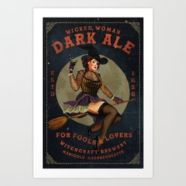"Wicked Woman Dark Ale" Vintage Pinup Witch Halloween Art Art Print | Graphicdesign, Broomstick, Cute, Female, Witchhat, Marigold, Gift, Massachusetts, Pinupgirl, Orange 