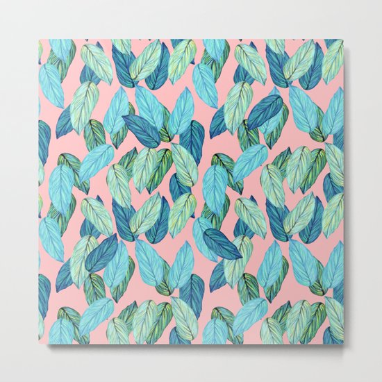 Tropical leaves on Pink Metal Print