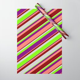 [ Thumbnail: Light Grey, Green, Purple, Salmon, and Dark Red Colored Striped Pattern Wrapping Paper ]