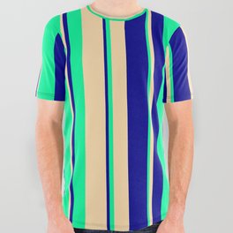 [ Thumbnail: Tan, Dark Blue & Green Colored Stripes/Lines Pattern All Over Graphic Tee ]