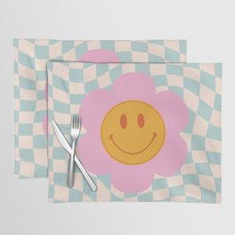 Smiley Flower Face on Pastel Warped Checkerboard Placemat