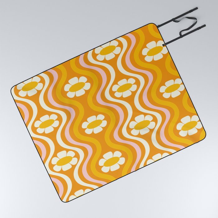 Is it groovy yet? Retro Wavy Floral Pattern Picnic Blanket