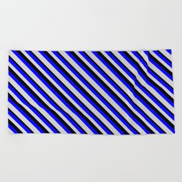 [ Thumbnail: Blue, Light Grey & Black Colored Lines/Stripes Pattern Beach Towel ]