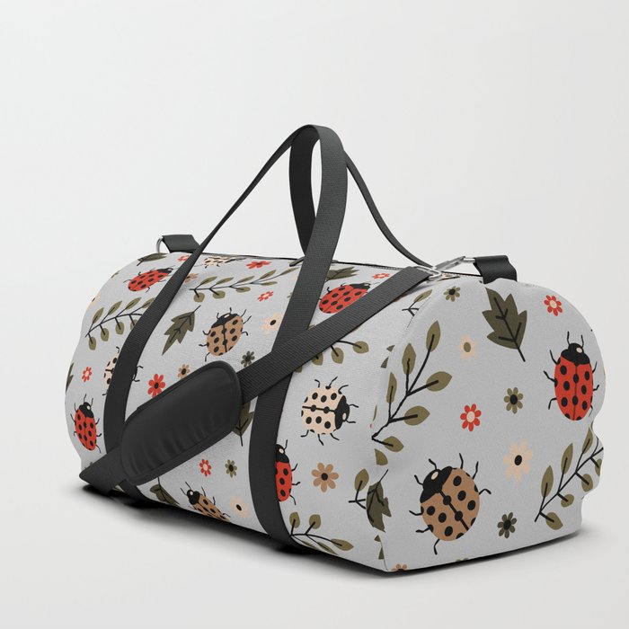 Ladybug and Floral Seamless Pattern on Light Grey Background Duffle Bag