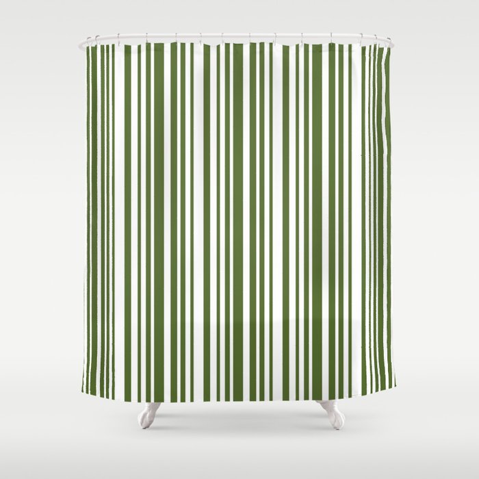 Dark Olive Green & White Colored Stripes Pattern Shower Curtain