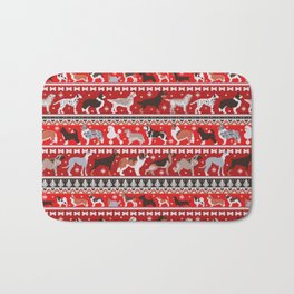 Fluffy and bright fair isle knitting doggie friends // fire brick and fire engine red background brown orange white and grey dog breeds  Bath Mat