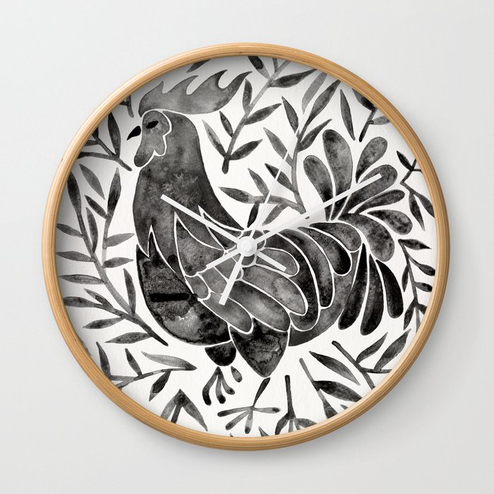 Le Coq – Watercolor Rooster with Black Leaves Wall Clock