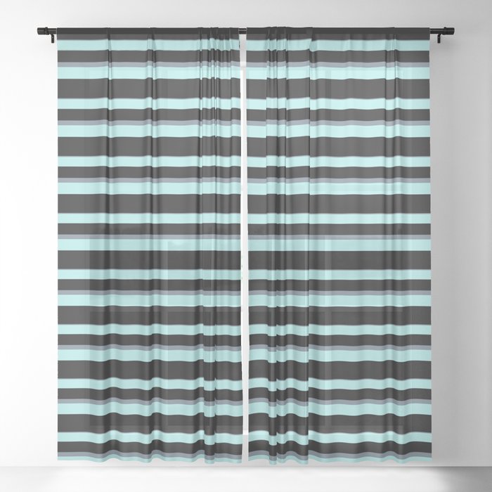 Turquoise, Black, and Slate Gray Colored Stripes Pattern Sheer Curtain