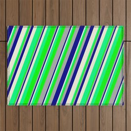 [ Thumbnail: Eyecatching Dark Gray, Dark Blue, Beige, Green & Lime Colored Striped/Lined Pattern Outdoor Rug ]