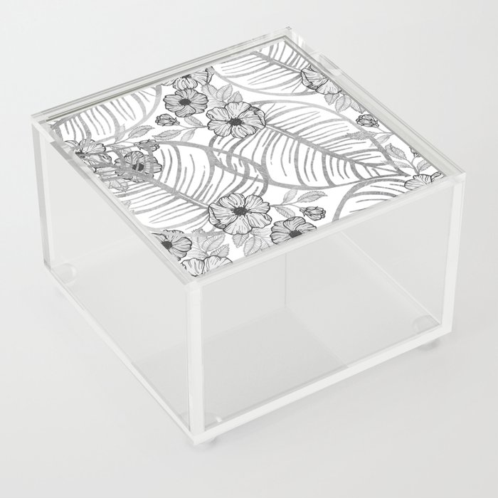 Tropical Black White Silver Monstera Leaves Floral Acrylic Box