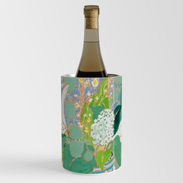 Lily and Eucalyptus Bouquet in Blue and Peach Floral Vase Wine Chiller