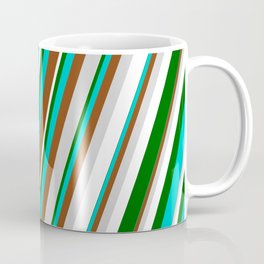 [ Thumbnail: Eyecatching Dark Turquoise, Brown, Light Gray, White & Dark Green Colored Lined Pattern Coffee Mug ]