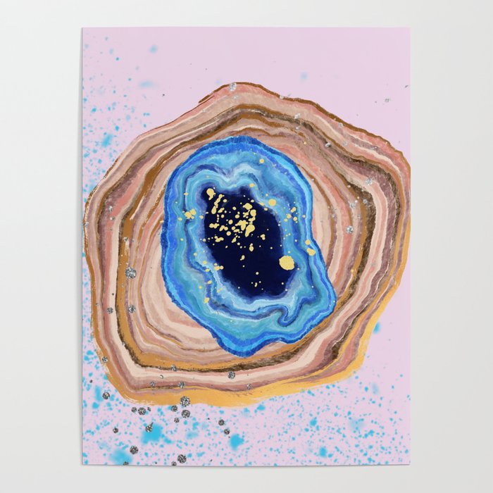 Turquoise Marble Agate With Blue And Gold Glitter  Poster