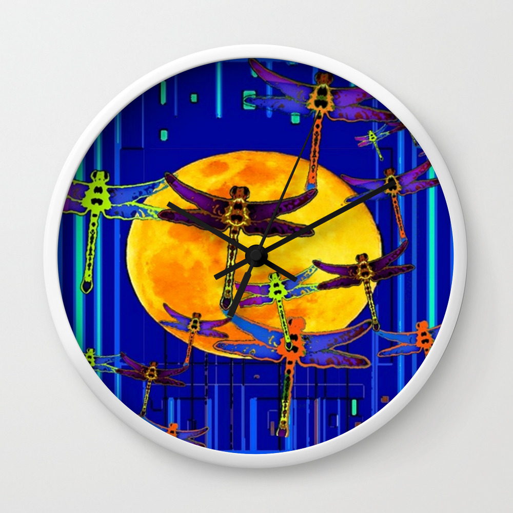 Dragonflies Moon Fantasy Blue Art Abstract Wall Clock By Sharlesart Society6