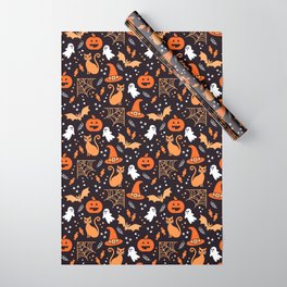 Halloween party illustrations orange, black Wrapping Paper