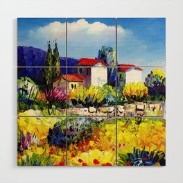Mediterranean villa colorful tropical countryside garden and flowers flora and fauna landscape acrylic painting Wood Wall Art