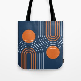 Mid Century Modern Geometric 111 in Navy Blue and Vintage Orange (Rainbow and Sun Abstraction) Tote Bag