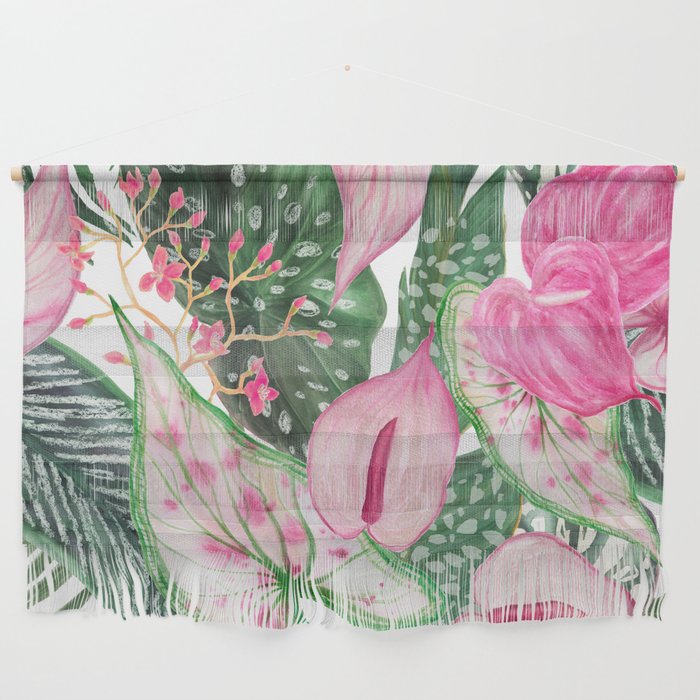 Tropical Jungle Leaves Anthurium Flowers Wall Hanging