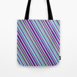 [ Thumbnail: Purple, Light Sky Blue & Dark Sea Green Colored Lined/Striped Pattern Tote Bag ]