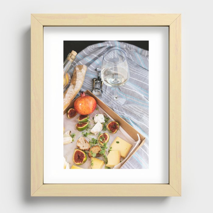 Different delicious food and glass of wine on picnic Recessed Framed Print