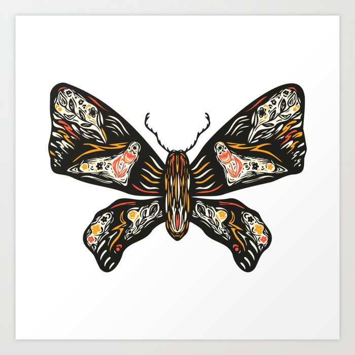 Colorful Butterfly with colored ornament. Hand drawn linocut illustration Art Print