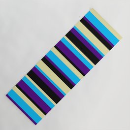 [ Thumbnail: Deep Sky Blue, Indigo, Black, and Pale Goldenrod Colored Pattern of Stripes Yoga Mat ]