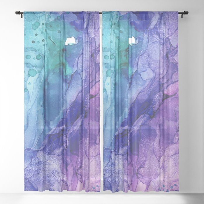 Teal Purple Abstract 521 Alcohol Ink Painting by Herzart Sheer Curtain