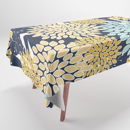 Floral Prints and Leaves, Navy Blue, Yellow, Aqua Tablecloth
