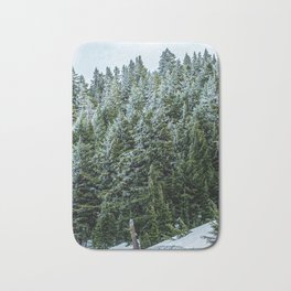 Snow Bank Woodlands // Photograph of the Dense Blue Green Evergreen Pine Tree Forest Bath Mat | Scenic Picture View, Sun Rise Set Sunset, Outdoors Travel Sky, Wilderness Adventure, The Photo Pictures, Country Of Woodlands, Mountain Mountains, Graphicdesign, Q0 Autumn Rustic, Tones Dense Foggy 