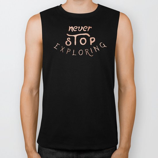 NEVER STOP EXPLORING in Rose Gold on Black Biker Tank