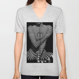 0622-JAL Heart Shape Pattern on Breasts and Nude Body Abstracted by Optical Patten V Neck T Shirt