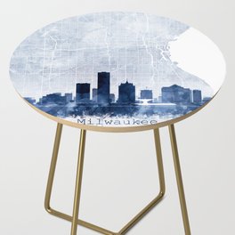 Milwaukee Skyline & Map Watercolor Navy Blue, Print by Zouzounio Art Side Table