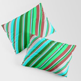 [ Thumbnail: Colorful Brown, Light Grey, Cyan, Dark Green, and Green Colored Stripes Pattern Pillow Sham ]