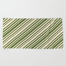 [ Thumbnail: Beige & Dark Olive Green Colored Pattern of Stripes Beach Towel ]