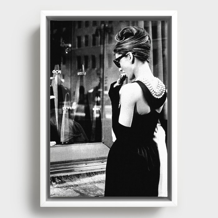 Audrey Hepburn in Black Gown, Jewelry, Vintage Black and White Art Framed Canvas