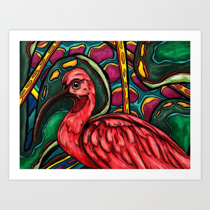 Scarlet ibis painting, red tropical bird in jungle Art Print
