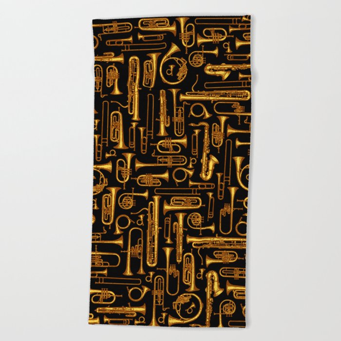 Horns Vintage Brass Player Musical Instruments Pattern GOLD Beach Towel