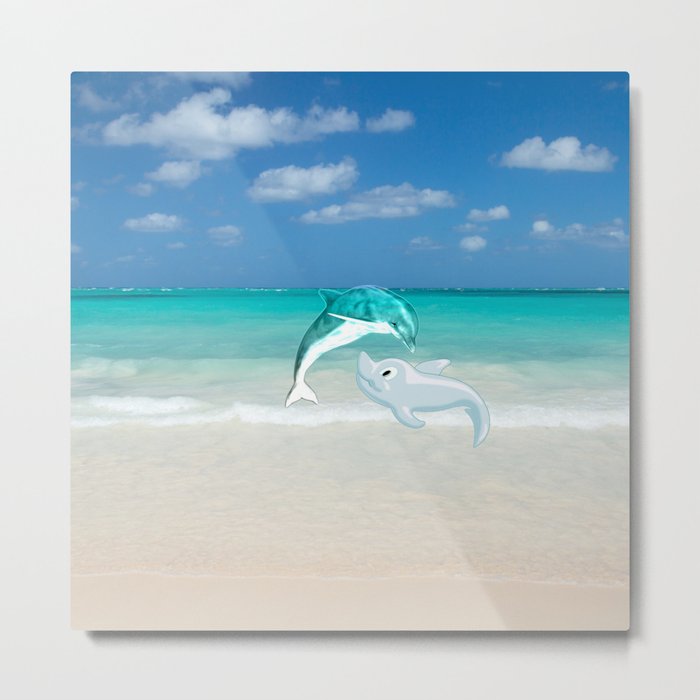 Tropical turquoise sand beach cute nautical animals Metal Print