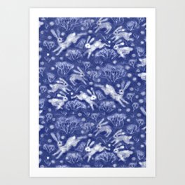 Hares in Snow Field, Winter Rabbits Animals Pattern Ultramarine Art Print