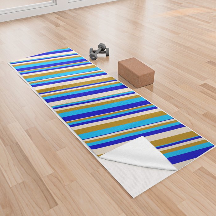 Beige, Dark Goldenrod, Deep Sky Blue & Blue Colored Stripes Pattern Yoga Towel