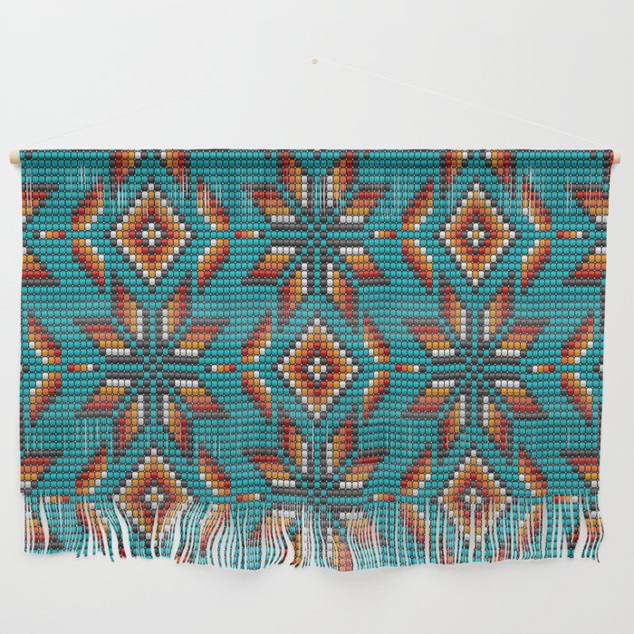 Modern colorful beaded boho aztec kilim pattern on teal Wall Hanging