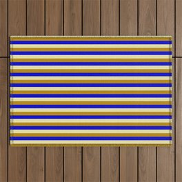 [ Thumbnail: Pale Goldenrod, Dark Goldenrod, and Blue Colored Striped/Lined Pattern Outdoor Rug ]