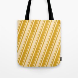 [ Thumbnail: Goldenrod and Tan Colored Striped/Lined Pattern Tote Bag ]