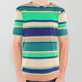 [ Thumbnail: Vibrant Light Salmon, Green, Midnight Blue, Teal, and Bisque Colored Pattern of Stripes All Over Graphic Tee ]