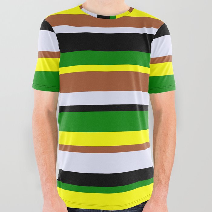 Eye-catching Yellow, Sienna, Lavender, Black & Green Colored Striped Pattern All Over Graphic Tee