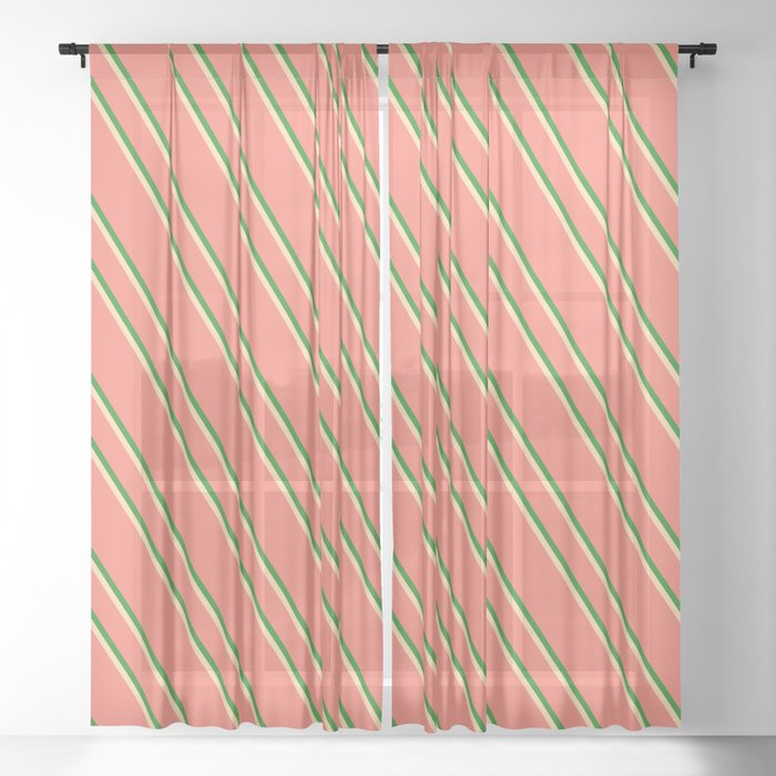 Salmon, Forest Green & Tan Colored Stripes Pattern Sheer Curtain