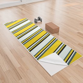 [ Thumbnail: Yellow, Dark Slate Gray, Mint Cream & Black Colored Stripes/Lines Pattern Yoga Towel ]