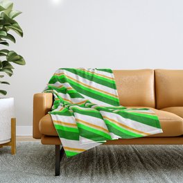 [ Thumbnail: Vibrant Orange, Pale Goldenrod, Lime, Green, and White Colored Stripes/Lines Pattern Throw Blanket ]