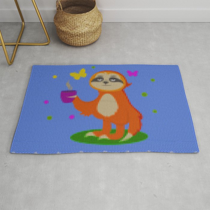 Cute Knit style Sloth with a coffee cup Rug